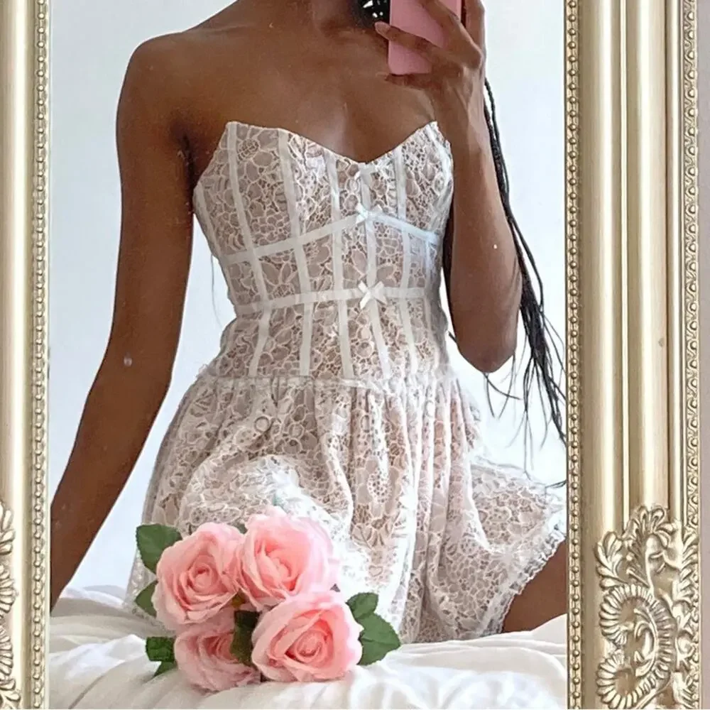 For Love & Lemons Jelena White Tan Lace Strapless Mini Dress Women’s Size Medium - Picture 2 of 14